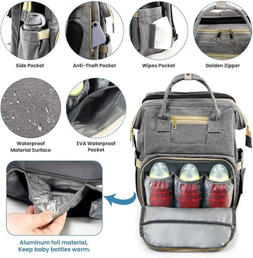 3 in 1 Diaper Bag Backpack - Multi-Functional Travel Organizer With Foldable Bassinet, Portable Crib, Waterproof Large Capacity