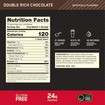 Optimum Nutrition (ON) Gold Standard 100% Whey Protein Powder Primary Source Isolate, 24 Grams of Protein for Muscle Support and Recovery - Double Rich Chocolate